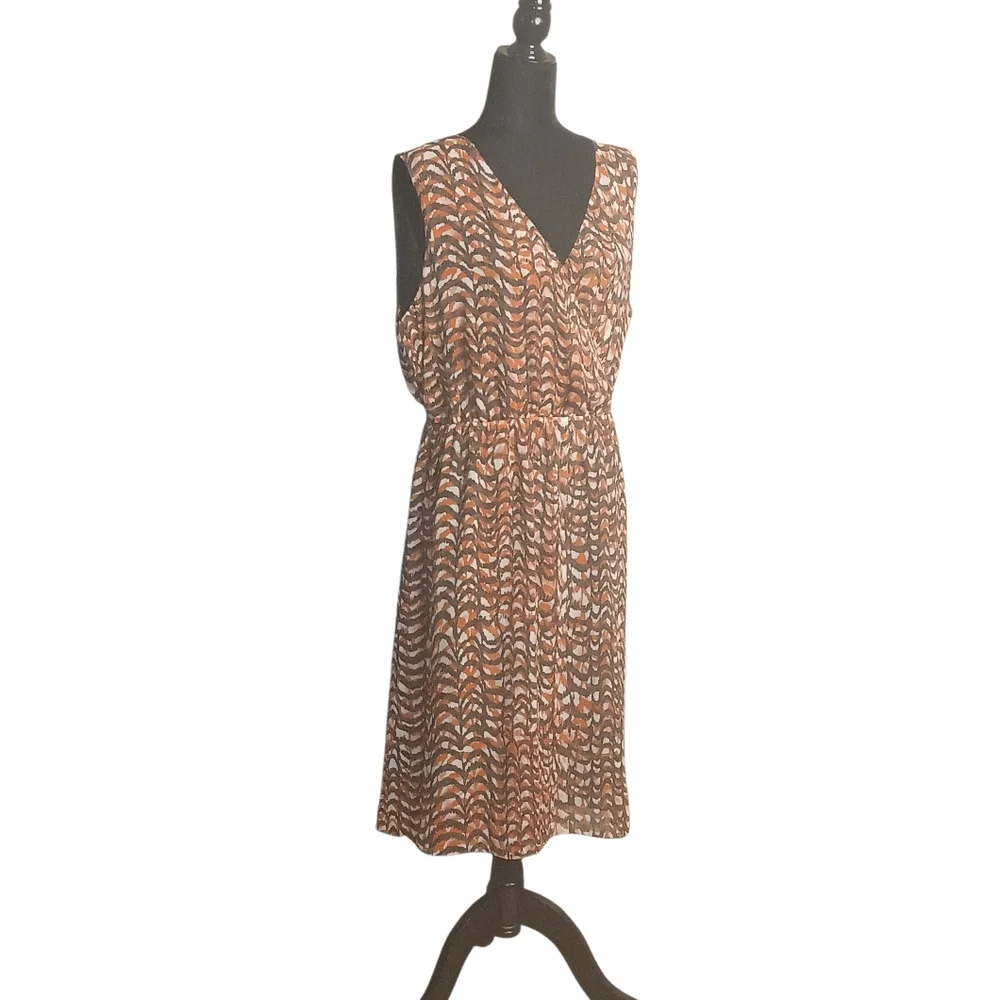 Chaus Women's Brown, White, and Pink Tiger Lily Pattern Midi Faux Wrap Dress.